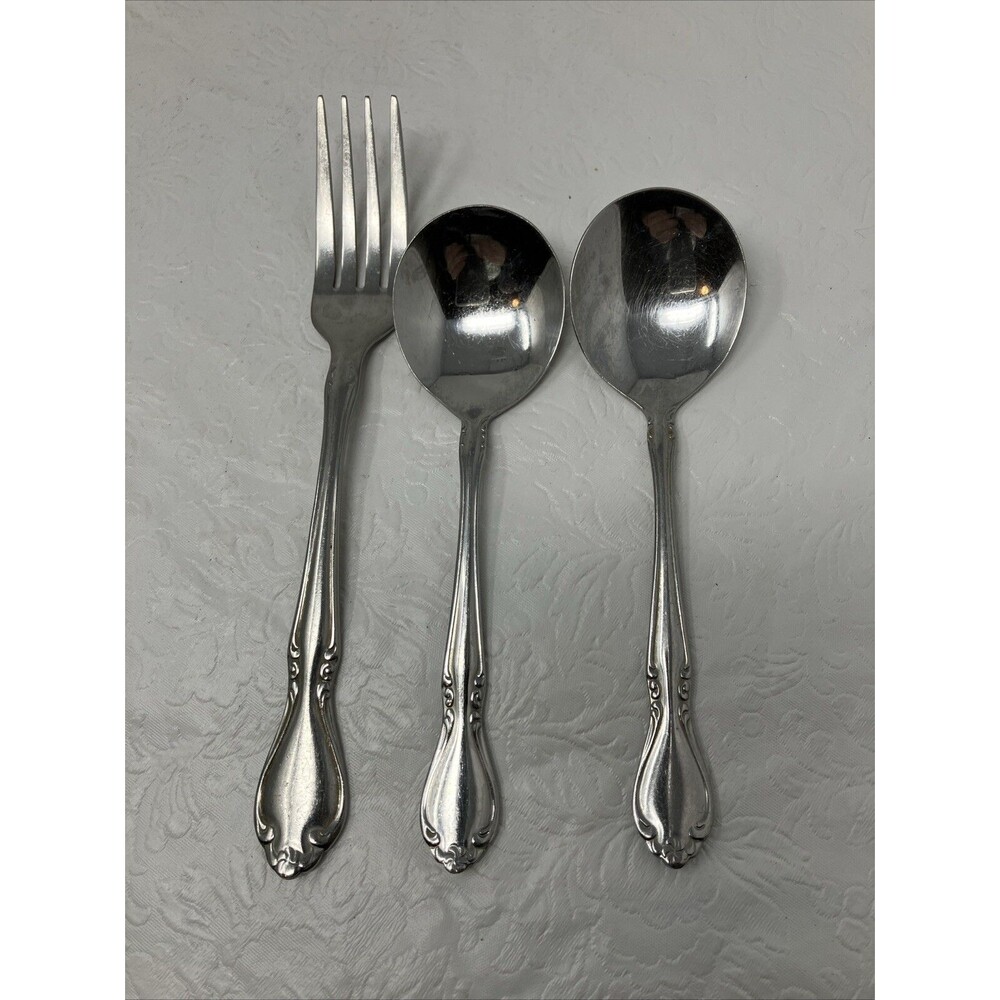 WALCO ILLUSTRA Dinner Fork & 2 Round Bowl Soup Gumbo Spoons Stainless